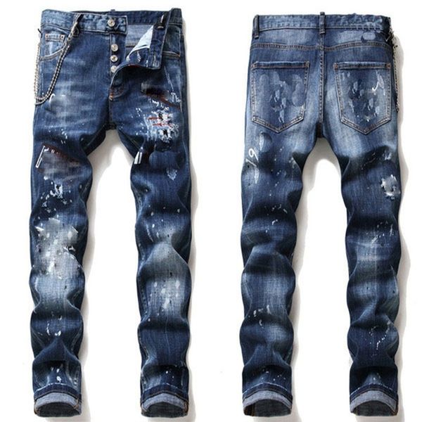 

2022 mens rips stretch black designer jeans fashion slim fit washed motocycle denim pants panelled jean for men skinny hip hop trousers a16, Blue