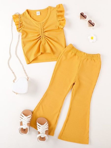 

toddler girls ruffle trim ruched & flare leg pants she, White