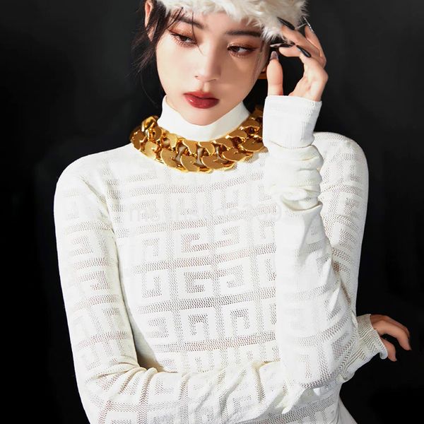 

women's knits & tees half high neck hollowed out solid color bottoming shirt thin women's ouyang nana star half transparent tight, White