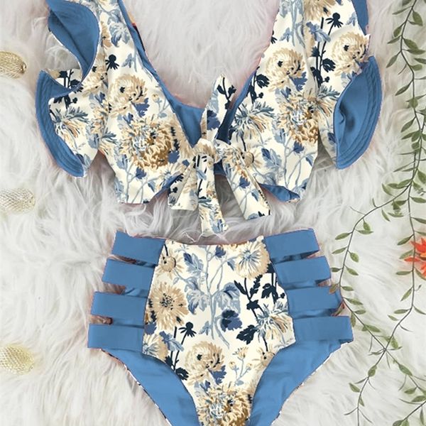 

high waist bikinis print swimwear women swimsuit shoulder ruffle bathing suits beach wear push up biquini female 220512, White;black