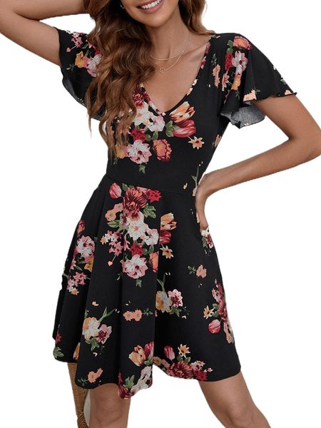 

floral print butterfly sleeve dress c9t4#, Black;gray