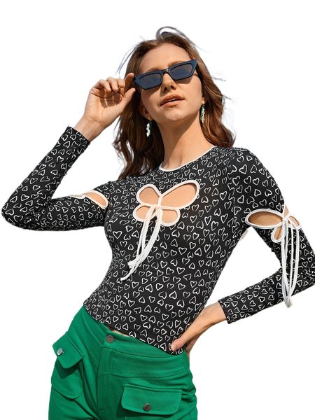 

heart print contrast binding cut out knot front tee r3bv#, White