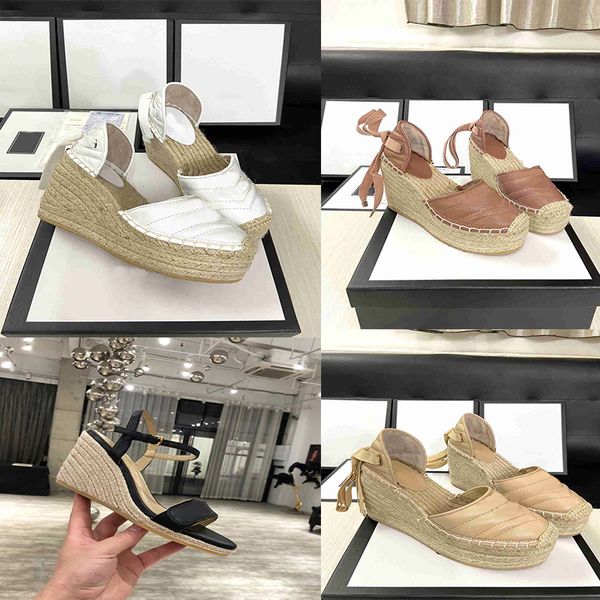 Tasarımcı Sandalet Kadın Kama Platformu Sandalet Espadrille Ayakkabı Gerçek Deri Ayak Bileği Bağcıklı Slaytlar Espadrille Bayanlar Yüksek Topuk