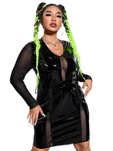 

plus solid contrast mesh sheer pu leather dress r9hw#, Black