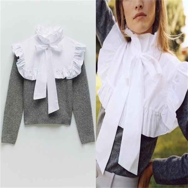 

long sleeve knit blouse women fashion high collar bow tied ruffle shirts woman front button combination knitted 210524, White