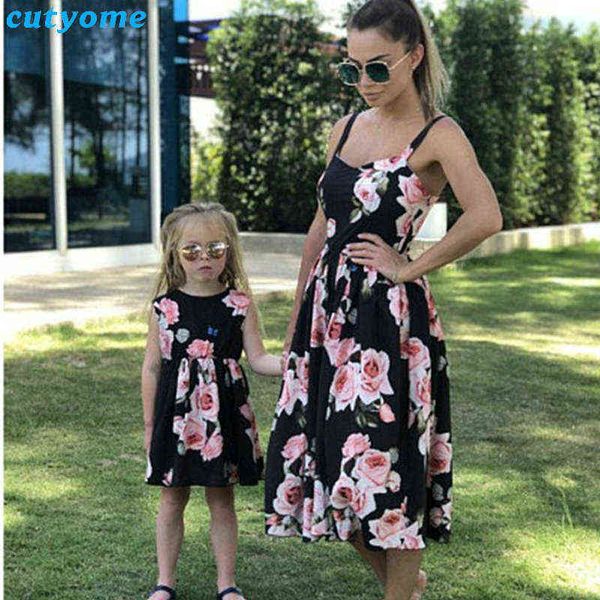 Familienlook Mama und Tochter ärmelloses Kleid Familie passende Kleidung Blumen Mama und ich Partykleider Mutter Baby Mädchen Outfit