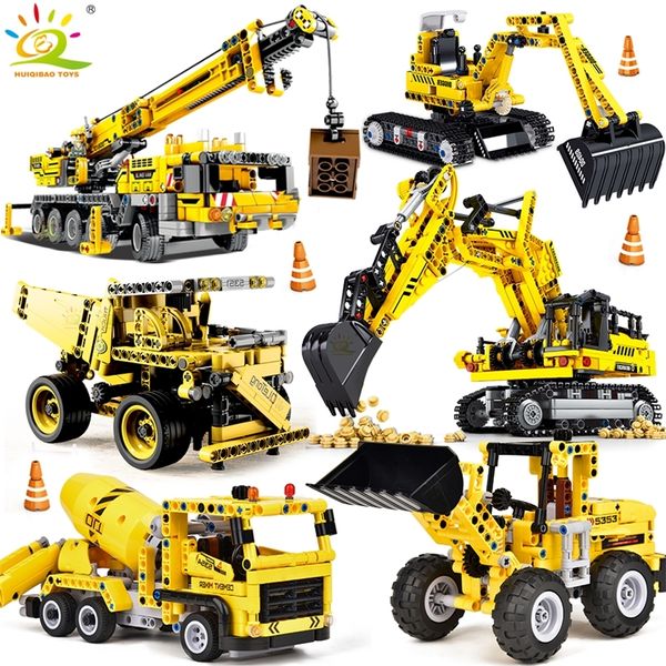 

huiqibao engineering truck tech building block city construction toy for children boy adults excavator bulldozer crane car brick 220816