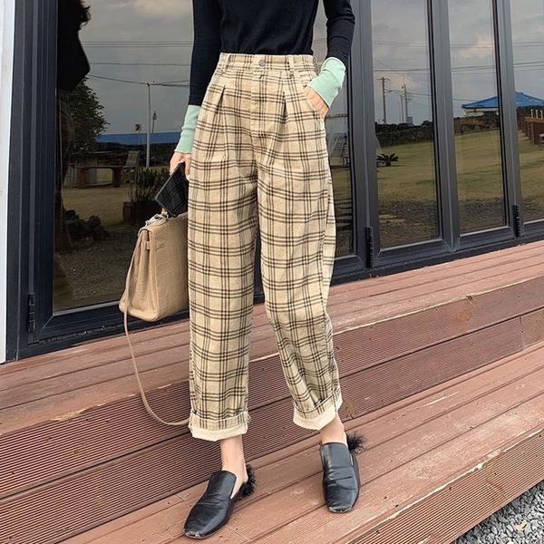 

mishow atumn winter vintage high waist plaid pant causal pleated hkaki long pant mx19d2141 y200418, Black;white
