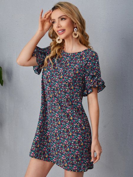 

floral print flounce sleeve dress p8rl#, Black;gray