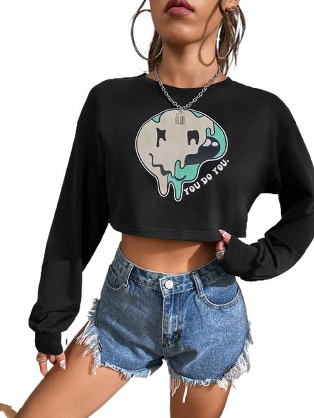 

expression & slogan graphic drop shoulder crop pullover k1ic#, Black