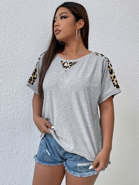 

plus contrast leopard trim batwing sleeve tee q0ol#, Black