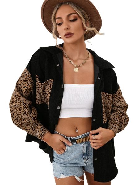

leopard patched pocket drop shoulder corduroy coat b9kc#, Black