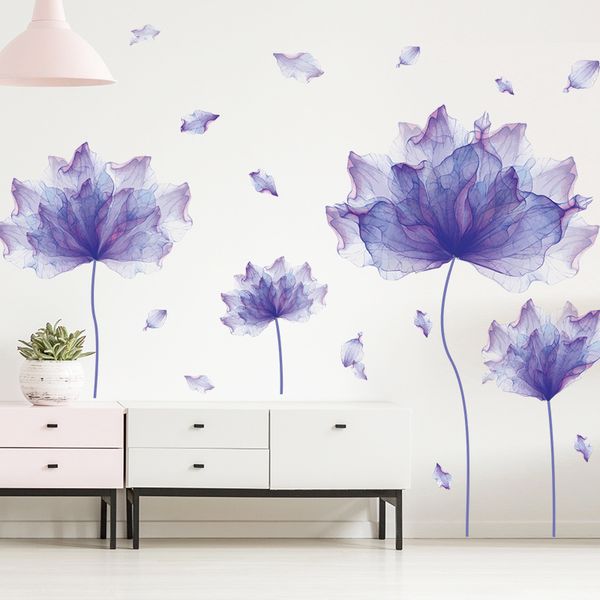 Adesivos de parede de flores roxas criativas Sala de estar Decoração de quarto Fundo de casa Decoração de parede grande Papel de parede 3D Vinil Flores Decalque