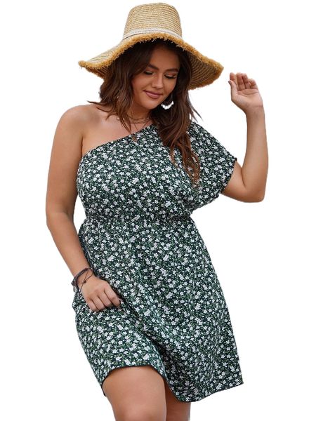 

plus ditsy floral one shoulder batwing sleeve dress 86vq#, Black