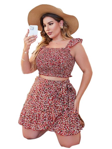 

plus ditsy floral print & wrap hem skirt l6ap#, Black