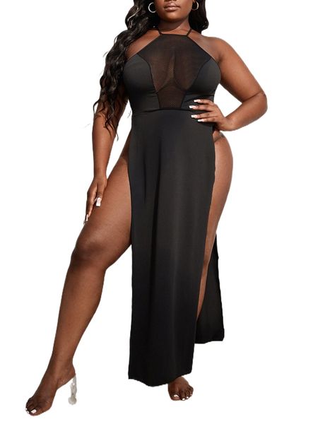 

plus contrast mesh slit thigh dress with thong y8r1#, Black;white