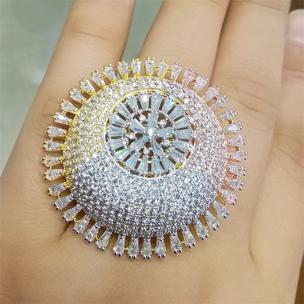 

godki luxury 3 tone engagement wedding flower rings for women bridal cubic zircon dubai accessories finger ring jewelry j190618, Slivery;golden