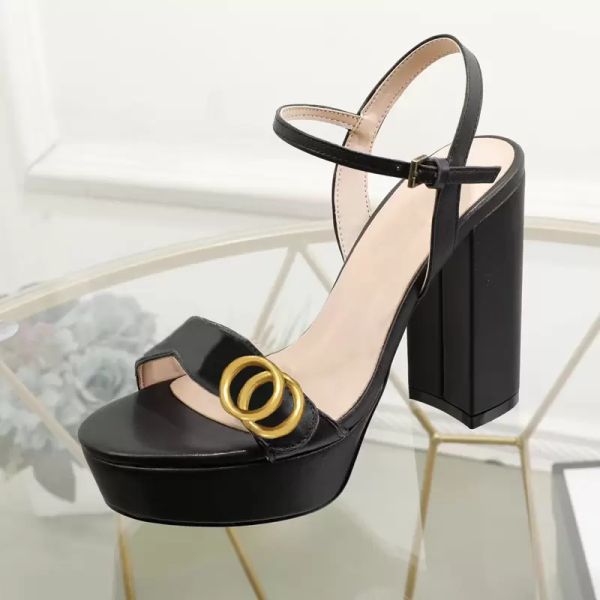 

classic high heeled sandals party 100% leather women dance shoe designer cowhide heels 10cm lady metal belt buckle thick heel woman shoes la, Black