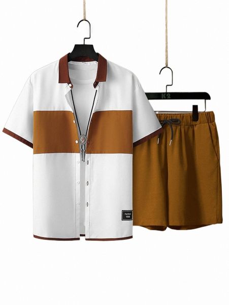 

men colorblock letter patched detail shirt & drawstring waist shorts without tee p2t9#, Gray