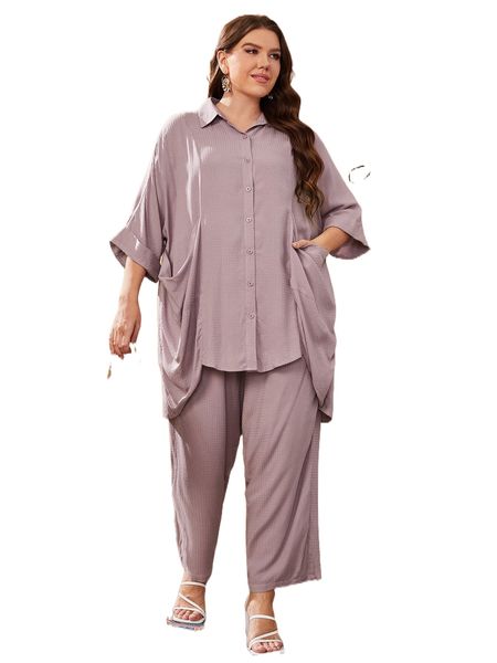 

plus drop shoulder shirt & wide leg pants p7sm#, Black