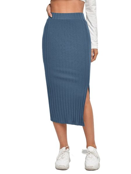 

slit hem rib-knit pencil skirt 05z6#, Black