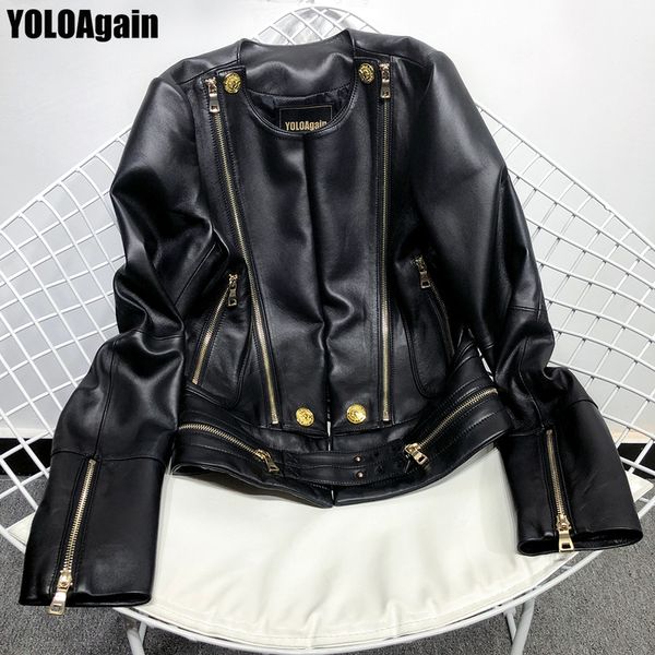 

yoloagain women genuine leather jacket ladies black real leather jacket 201030