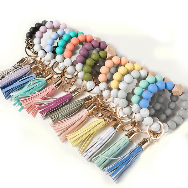 Top-Qualität Silikon Holz Leder Quaste Schlüsselanhänger Perlen Armband Armband Schlüsselanhänger für Frauen Damen Großhandelspreis