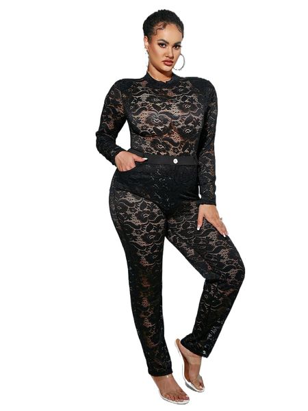 

glamaker plus mock neck lace bodysuit & pants p2nc#, Black