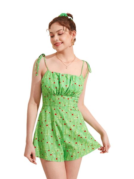 

x cherbear studio floral print ruched bust cami romper 07gr#, Black;white