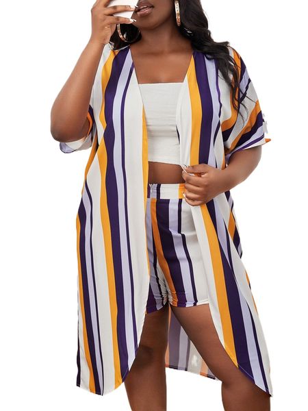 

sxy plus striped batwing sleeve kimono & shorts a4ek#, Black