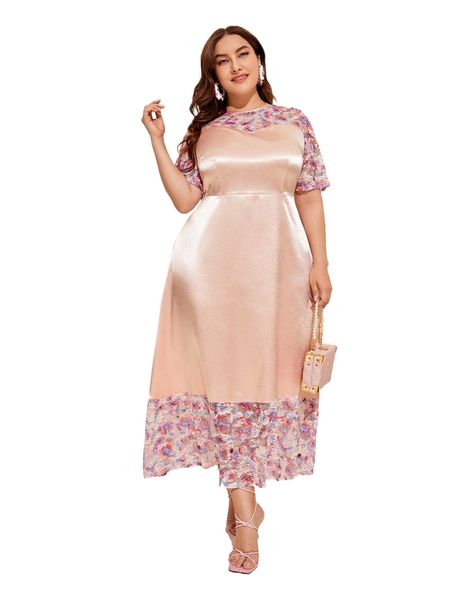 

plus floral lace panel satin dress 06p1#, Black
