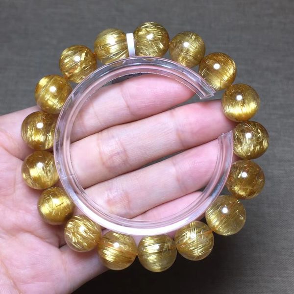 

natural gold rutilated quartz crystal woman bracelet clear round beads 12.5mm cat eye genuine jewelry brazil aaaaaaa, Silver