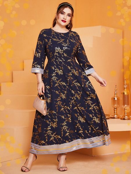 

plus golden floral print striped trim dress l9bx#, Black