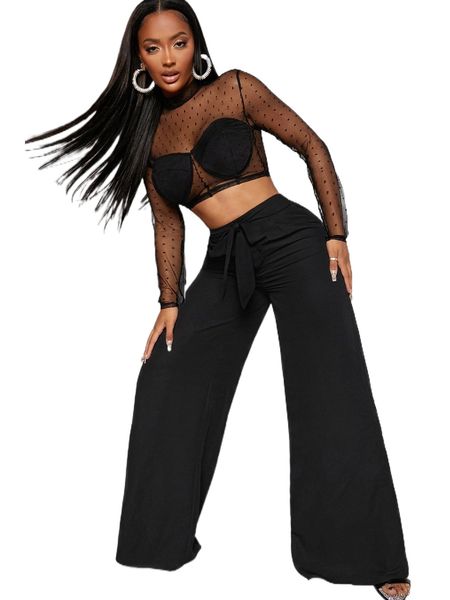 

sheer mesh and belted wide leg pants set g5h2#, White