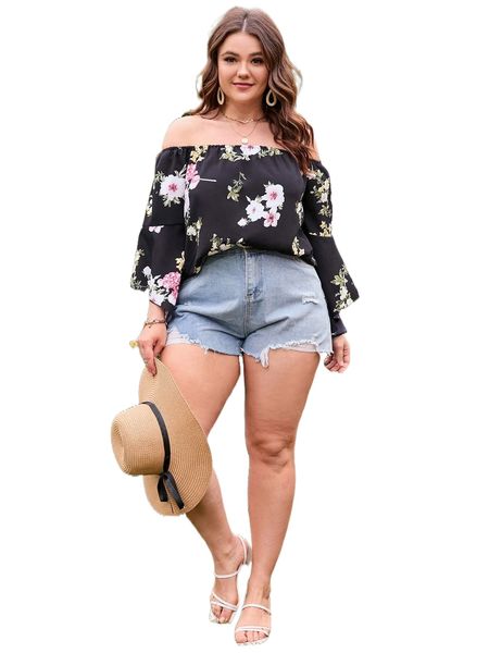 

plus floral print off shoulder blouse 38tm#, Black