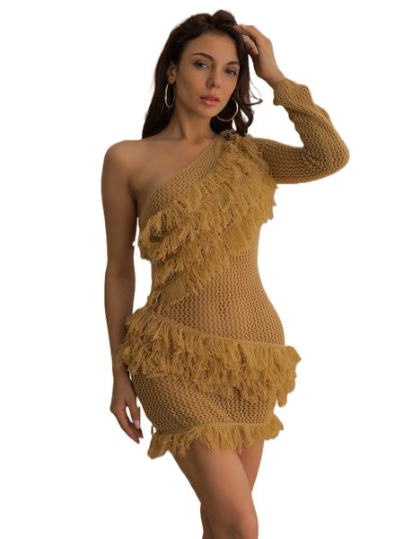 

one shoulder fringe detail textured knit dress e3r3#, White;black