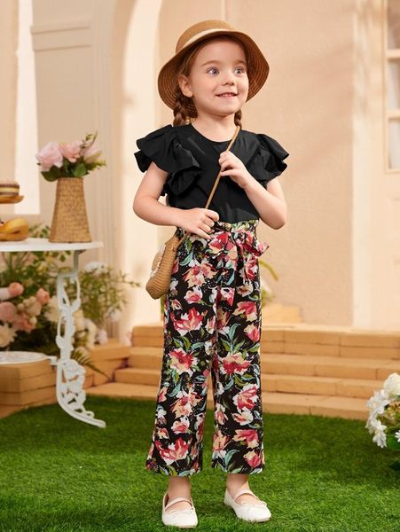 

toddler girls 1pc floral print ruffle sleeve belted jumpsuit she, Blue