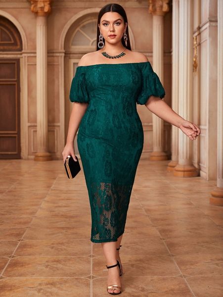 

plus off shoulder lantern sleeve lace dress 78bg#, Black