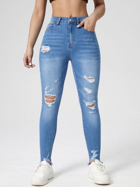 

ripped detail raw hem skinny jeans g64e#, Blue