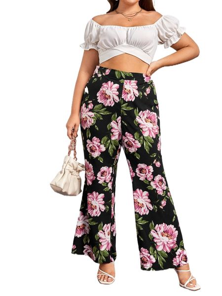 

plus floral print wide leg pants m9mb#, Black
