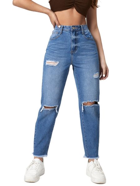 

raw hem high waist ripped jeans p1nv#, Blue