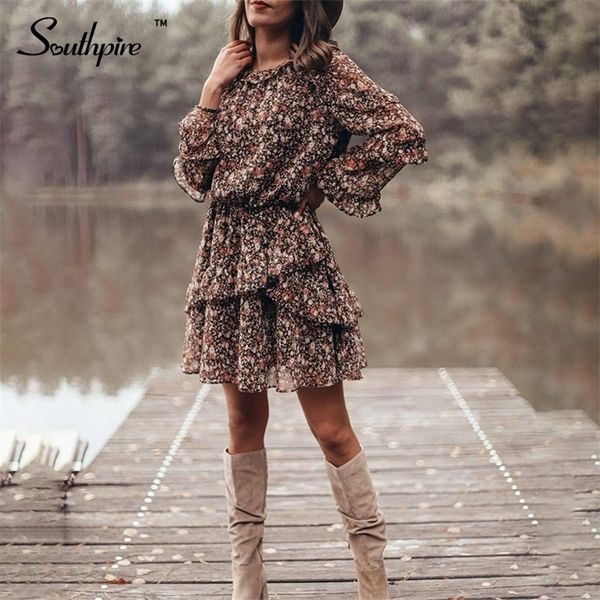 

southpire black floral print a-line ruffle vintage dres's long sleeve mini casual party daily ladies clothes 220330, Black;gray