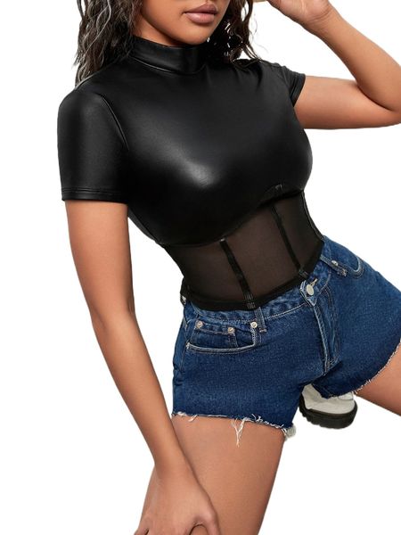 

stand collar contrast mesh pu leather l2gj#, White