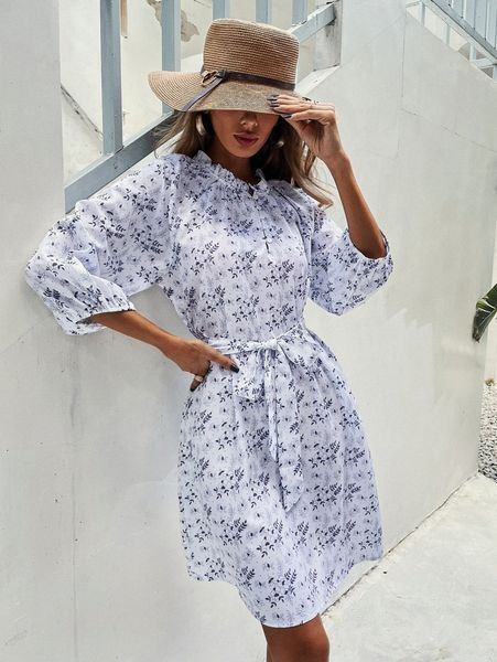 

allover floral print raglan sleeve belted dress w1tf#, Black;gray