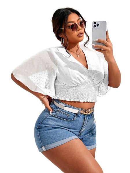 

plus swiss dot shirred crop blouse u6nm#, Black