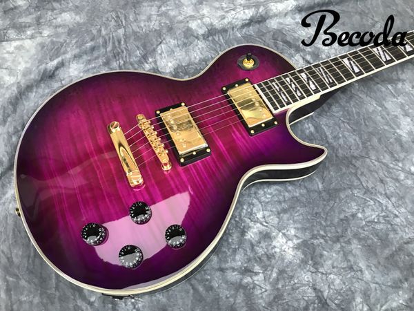 

china becoda oem shop electric guitar flamed maple purple guitar gold hardware