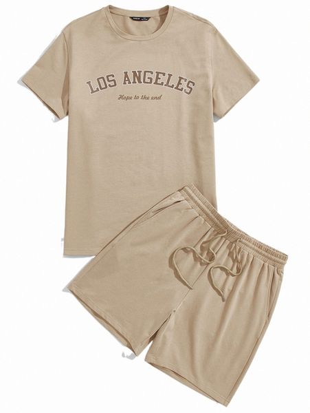 

men letter graphic tee & drawstring track shorts set 825n#, Gray