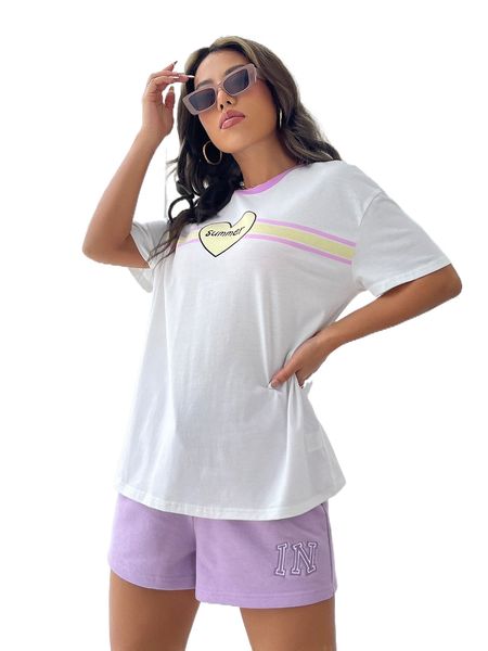 

letter & heart print drop shoulder tee 553a#, White