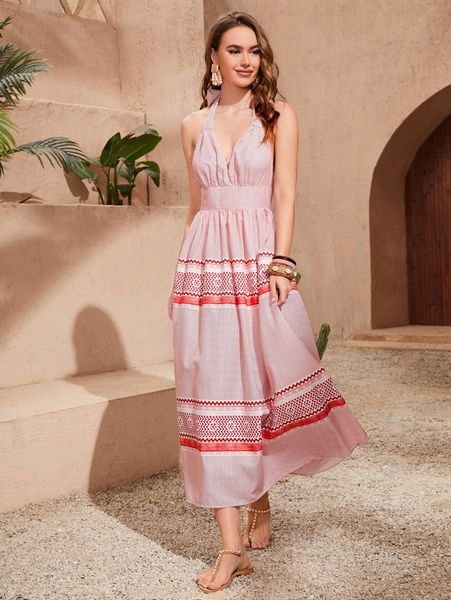 

tied backless wave striped halter dress 46gz#, Black;gray