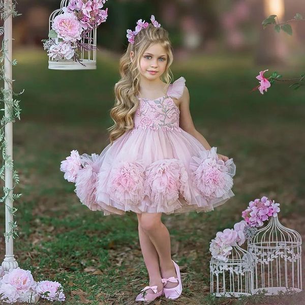 Vestidos de flor de flor da princesa rosa clara para menina para casamento boêmio para criança vestidos de concurso de concurso Aplicado no joelho Tule Kids Dress Vestido de aniversário Presente de aniversário